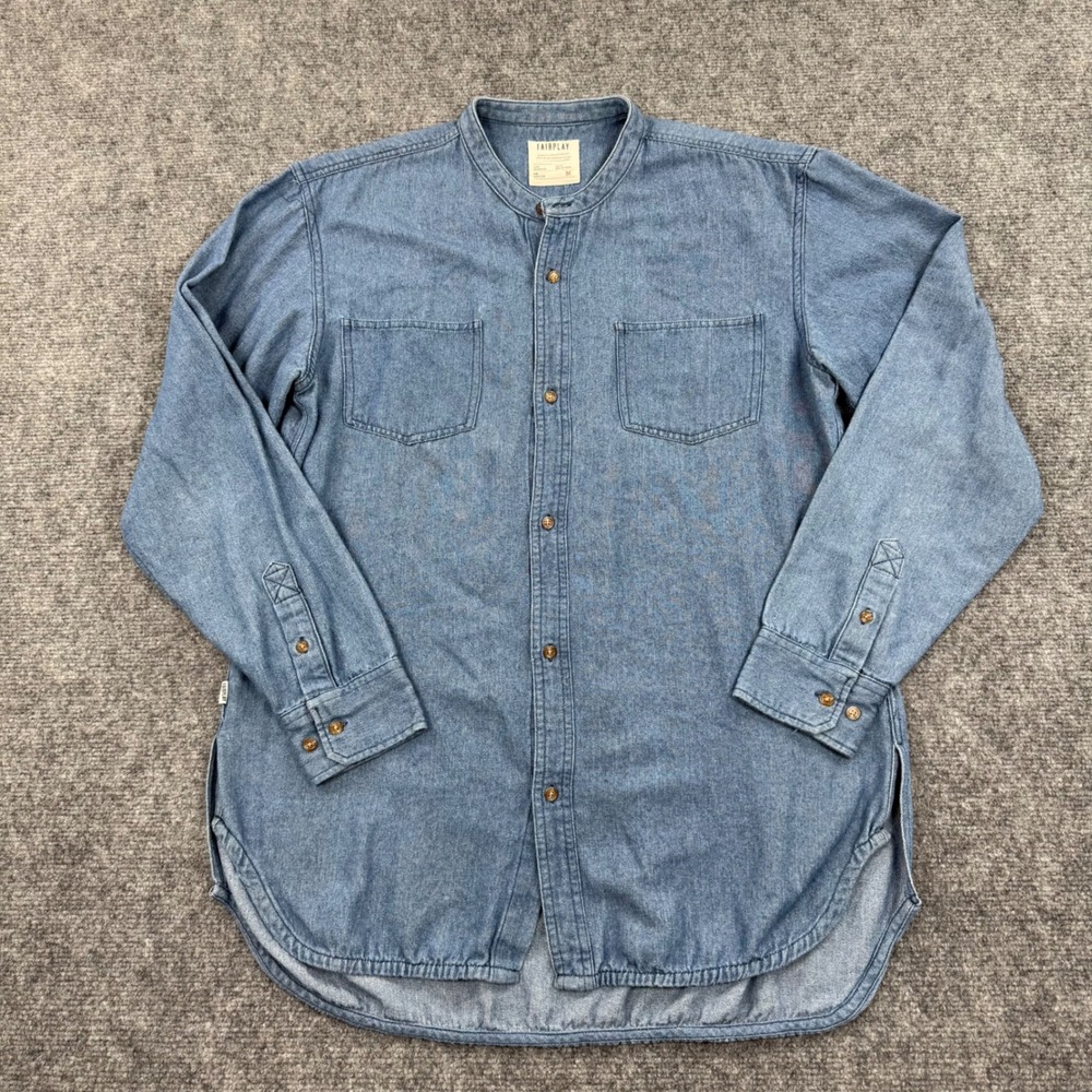 FAIRPLAY Denim Band Collar Shirt Blue‎ Long Sleeve Button Up Top Medium